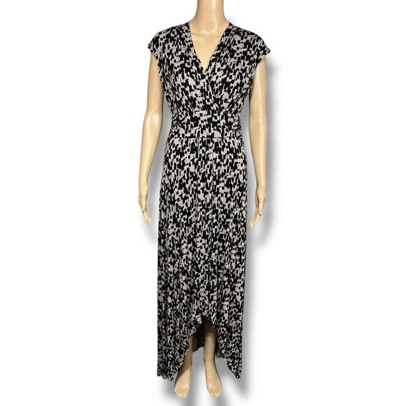 Apt 9 Womens Maxi High Low Dress Faux Wrap Ruched Waist Cap Sleeve Black Tan Sm - Picture 1 of 11